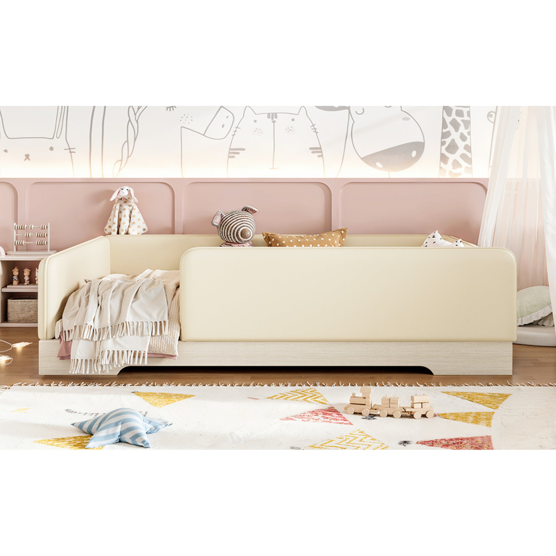 variant-group:rf-w1580s00671|Roomfitters Full Size Upholstered Floor Bed Frame with Removable Guardrails, Faux Leather Low Profile Platform, Beige