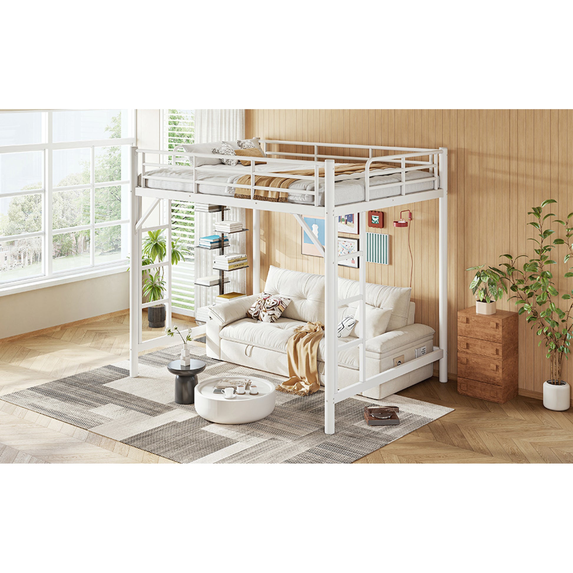 variant-group:rf-w1580p455016|Roomfitters Full Size Metal Loft Bed Frame with Guardrails, Heavy Duty Space Saving High Loft Bed Dual Ladders, White