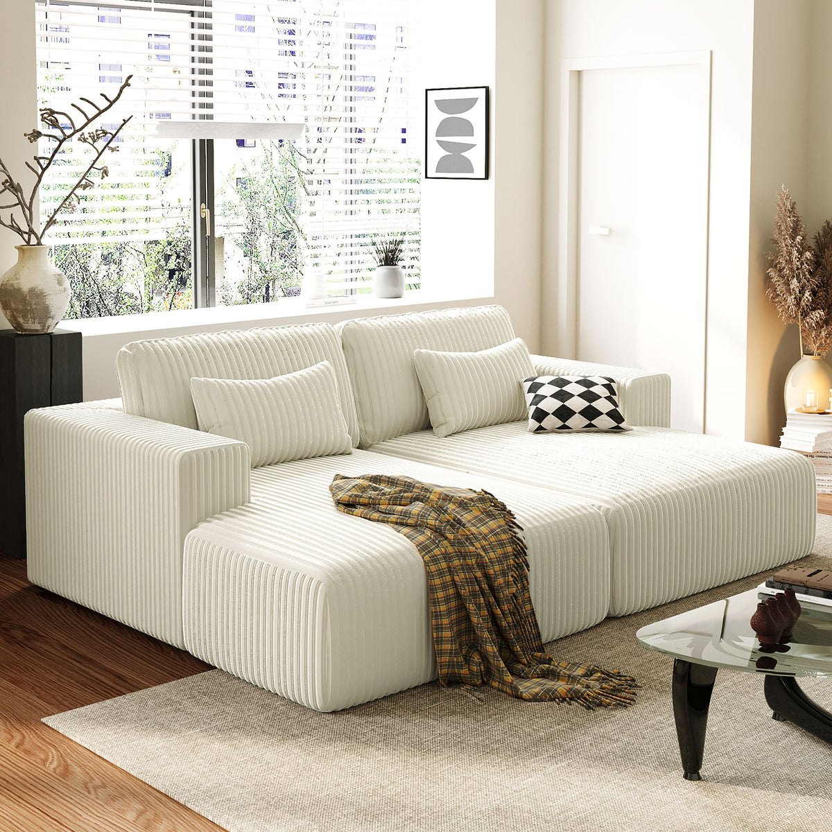 variant-group:rf-n711wy000449aak|Roomfitters Corduroy Double Sofa Bed with Pillows, Modern Convertible Couch for Living Room, Apartment, White