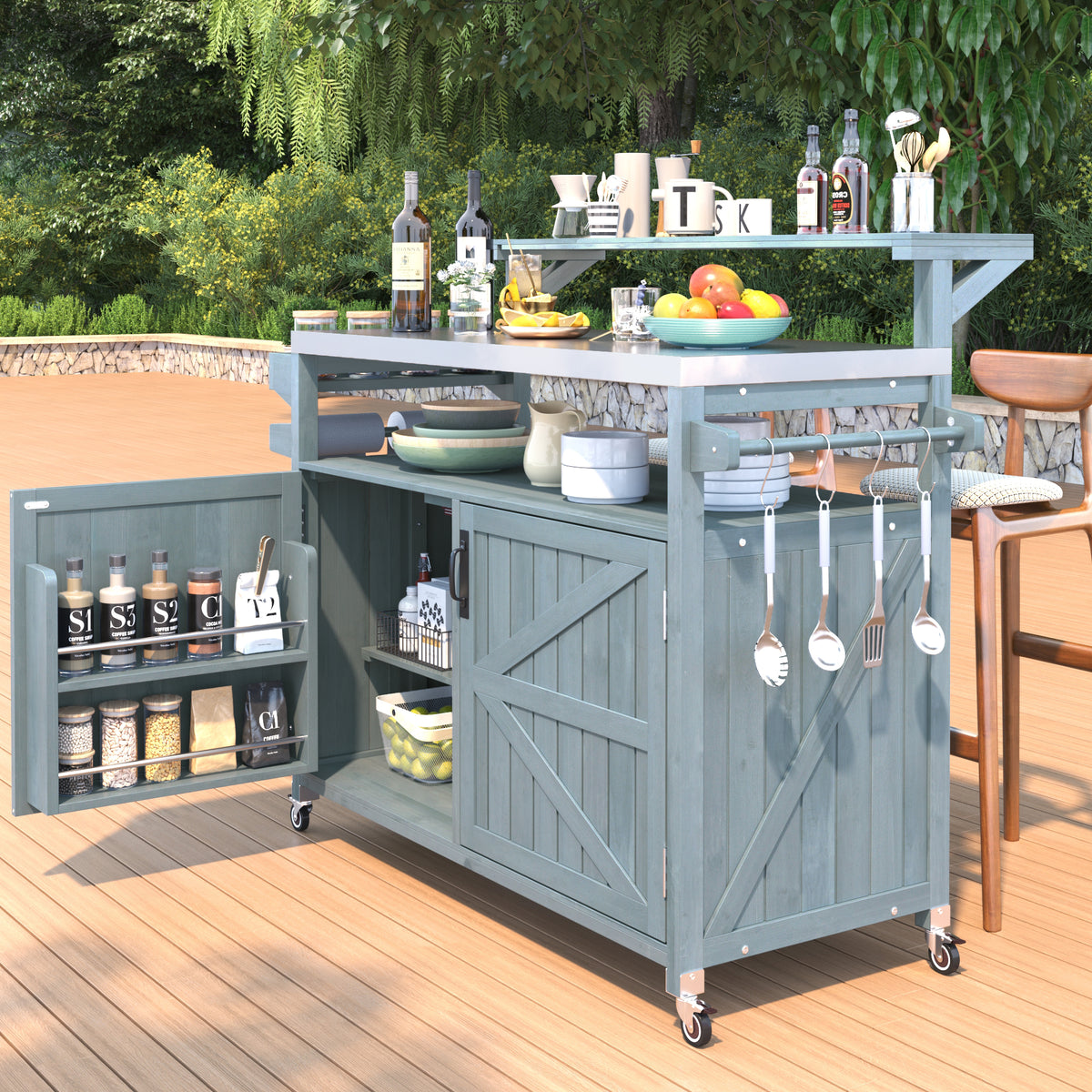 variant-group:rf-n707p250628g|Roomfitters 53.3" Outdoor Kitchen Island with Raised Shelf, Wood Storage Cabinet, Stainless Steel Top, Rolling Grill Cart, Grey Blue