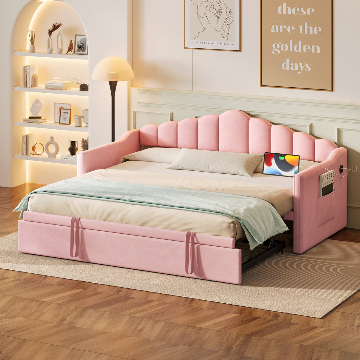 Roomfitters Upholstered Twin Size Daybed with Adjustable Pop-Up Trundle, Sofa Bed with USB & Type-C Ports and Side Pockets, Pink