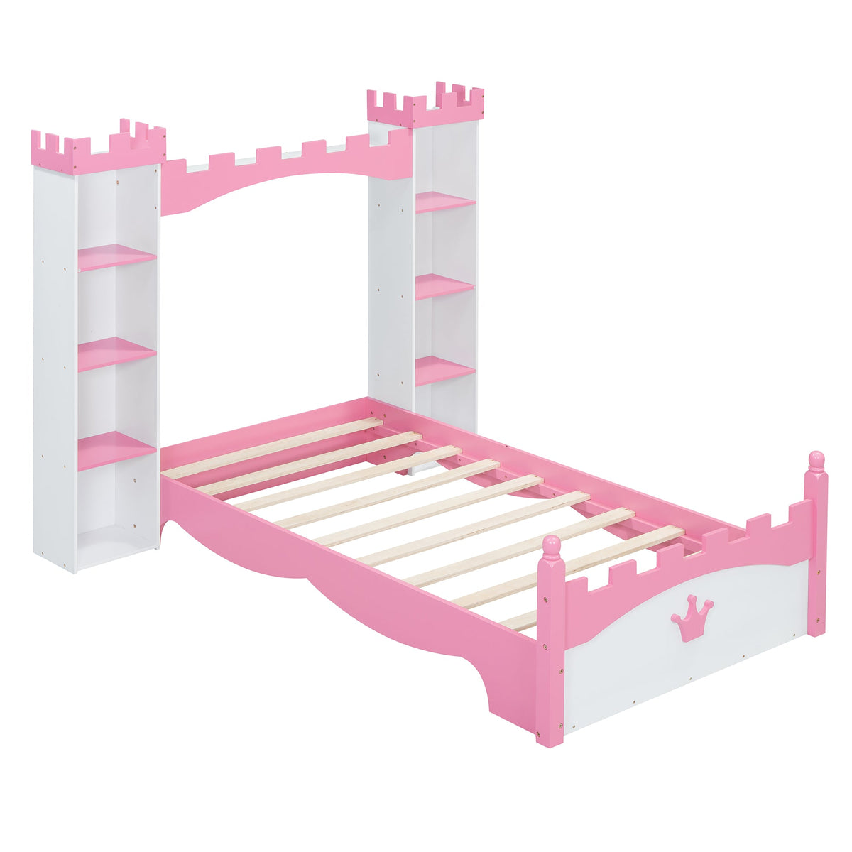 Roomfitters Castle-Shaped Wooden Bed with Storage Shelf, Dreamy Twin Size Platform Bed with Charming Aesthetic, White+Pink