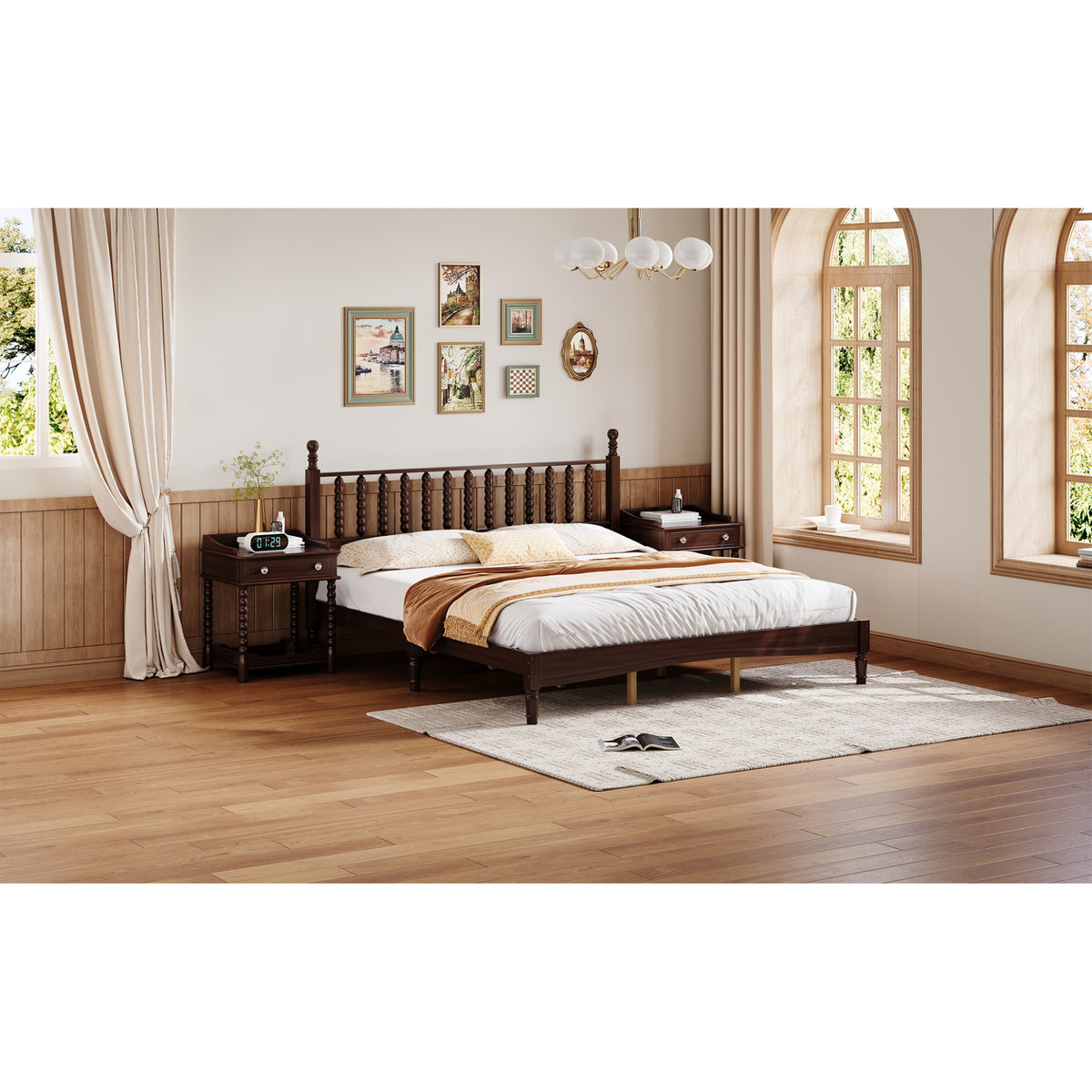 variant-group:rf-n733p338316d|Roomfitters King Wood Platform Bed, Retro Gourd Spindle Headboard with Solid Slat Support, Walnut