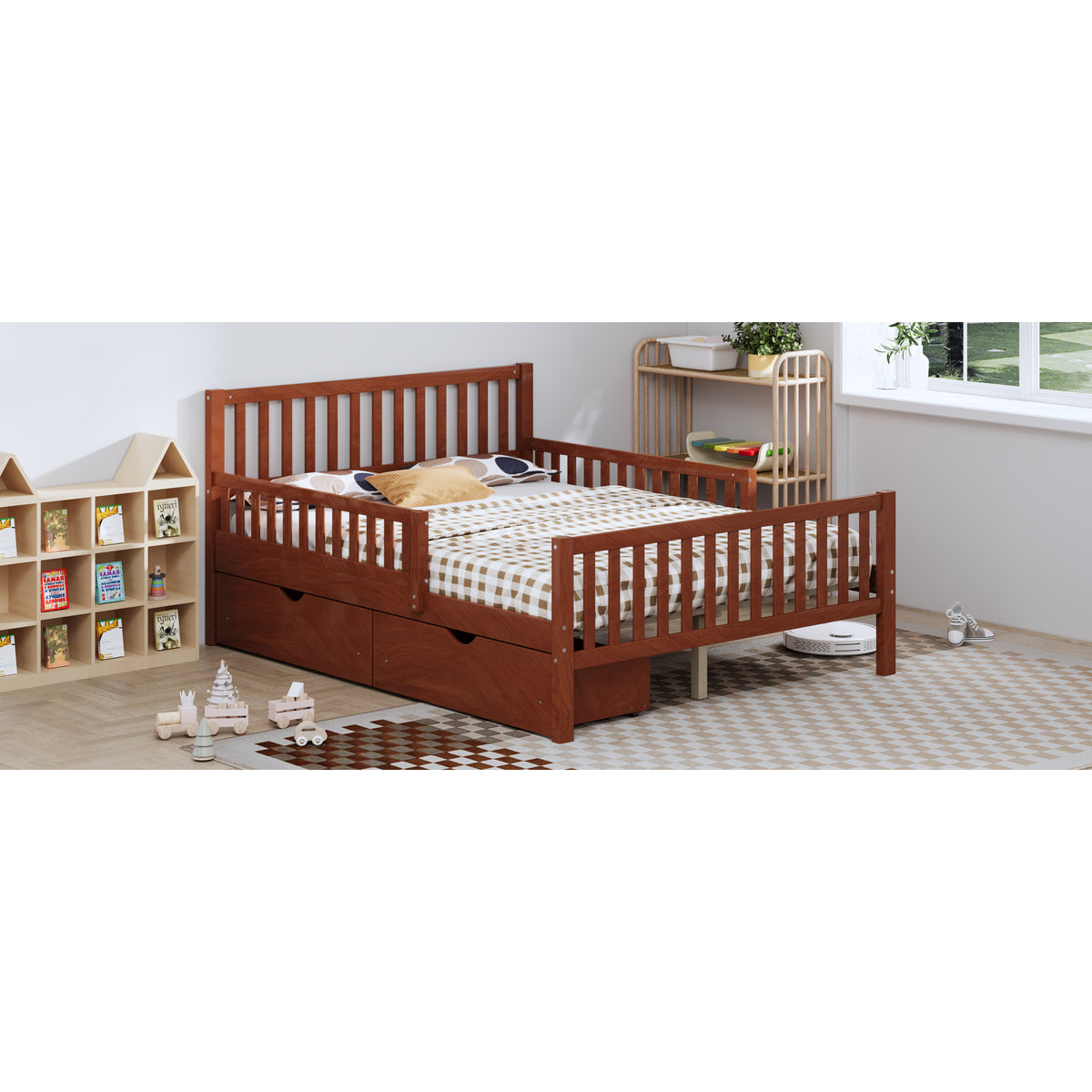 variant-group:rf-n733p172700d|Roomfitters Full Size Wood Platform Bed with Guardrails and 2 Storage Drawers, Walnut