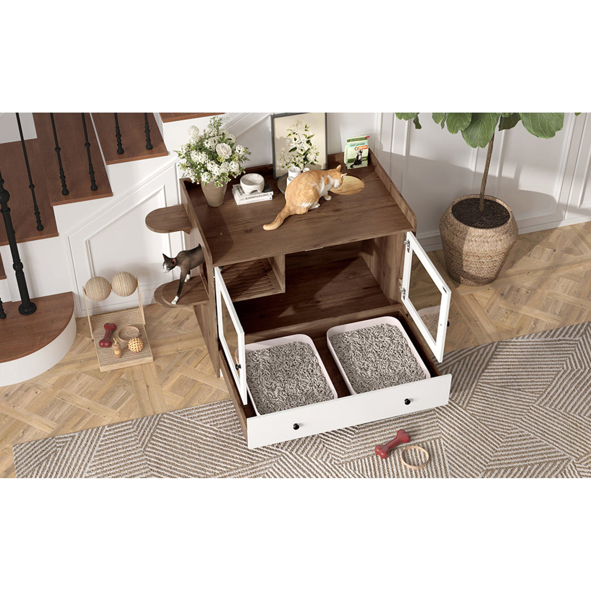 Roomfitters Luxury Cat Litter Box Enclosure Furniture Side Table Cabinet with Deep Cleaning Drawer White Brown Roomfitters