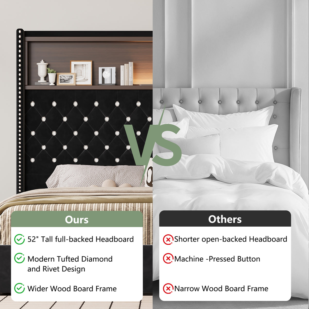 variant-group:rf-n733p368653b|Roomfitters Full Velvet Tufted Platform Bed with Charging Ports, Tall Wingback Headboard with Rivet Trim and Shelf, Black
