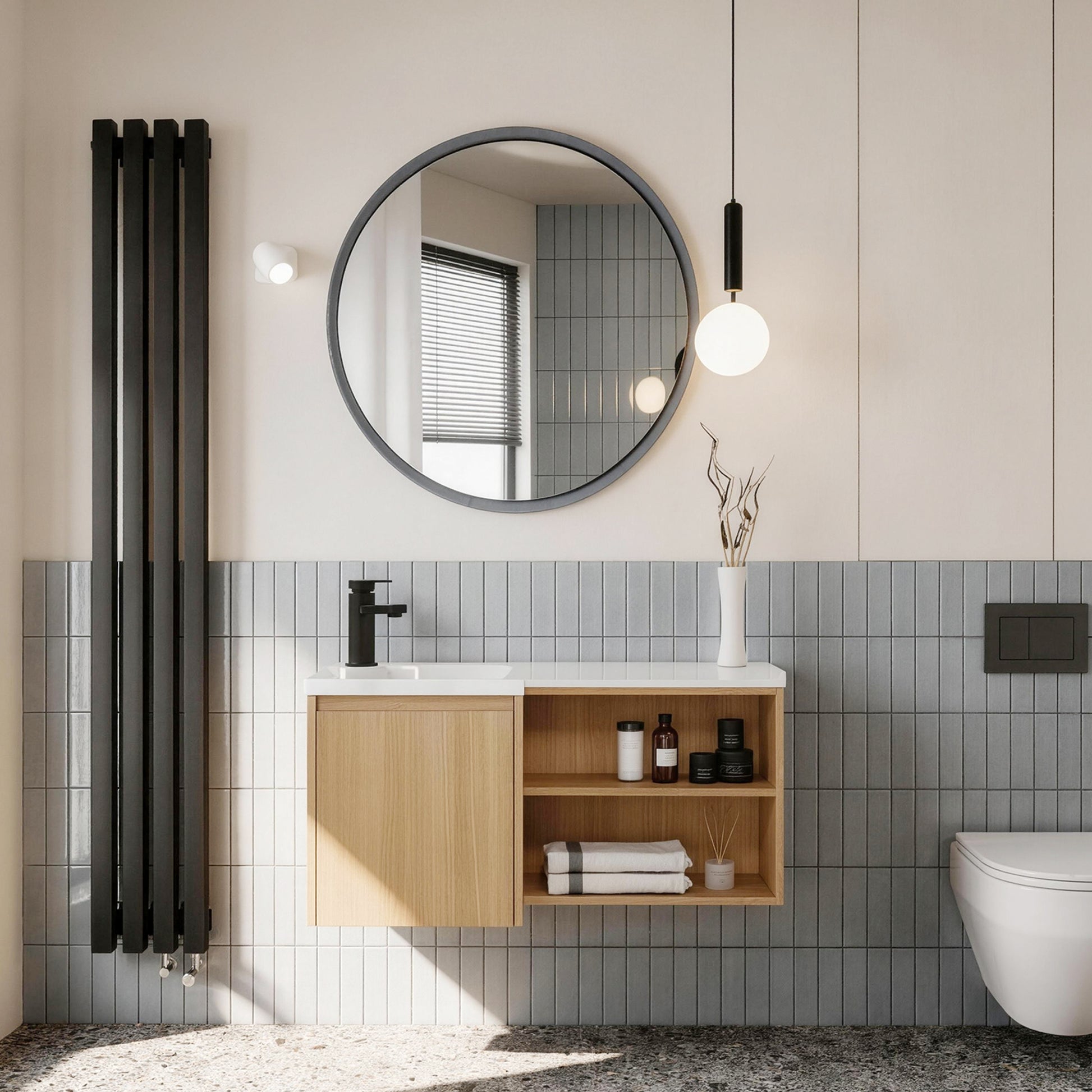 36" L-Shaped Corner Floating Bathroom Vanity with Resin Gel Coat Integrated Sink, L-Shaped Wall-Mounted Vanity, Light Oak Finish, Soft-Close Door & Open Shelves, Space-Saving Modern Vanity (Ships in 2 Boxes)