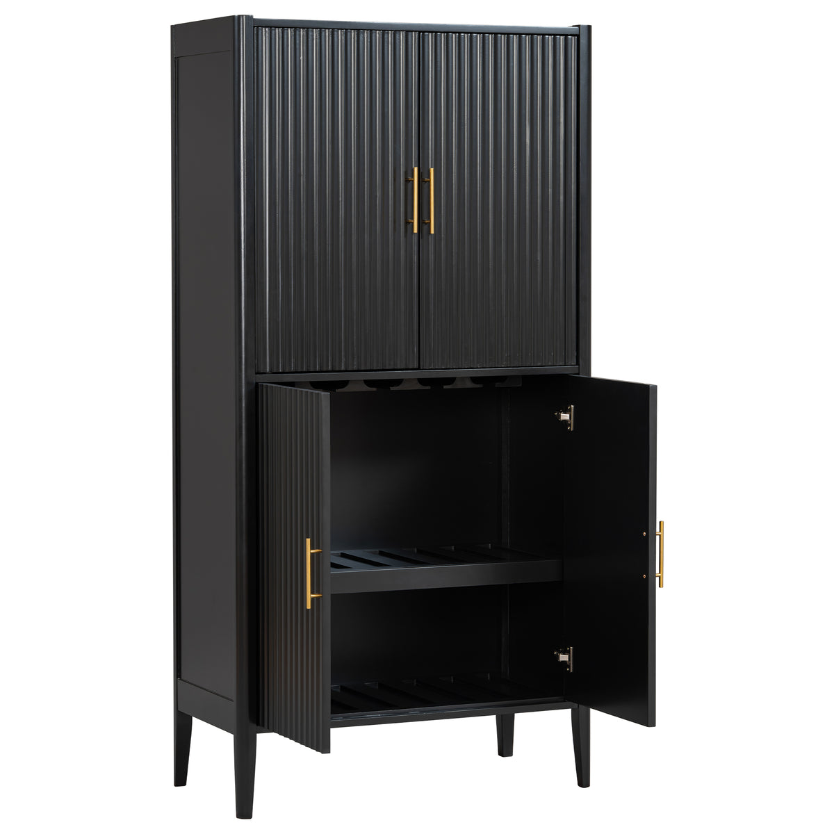 variant-group:rf-n711wy000539aab|Roomfitters Modern Black Fluted 4-Door Tall Wine Bar Storage Cabinet, Glass Display Rack, Built-In LED Lighting