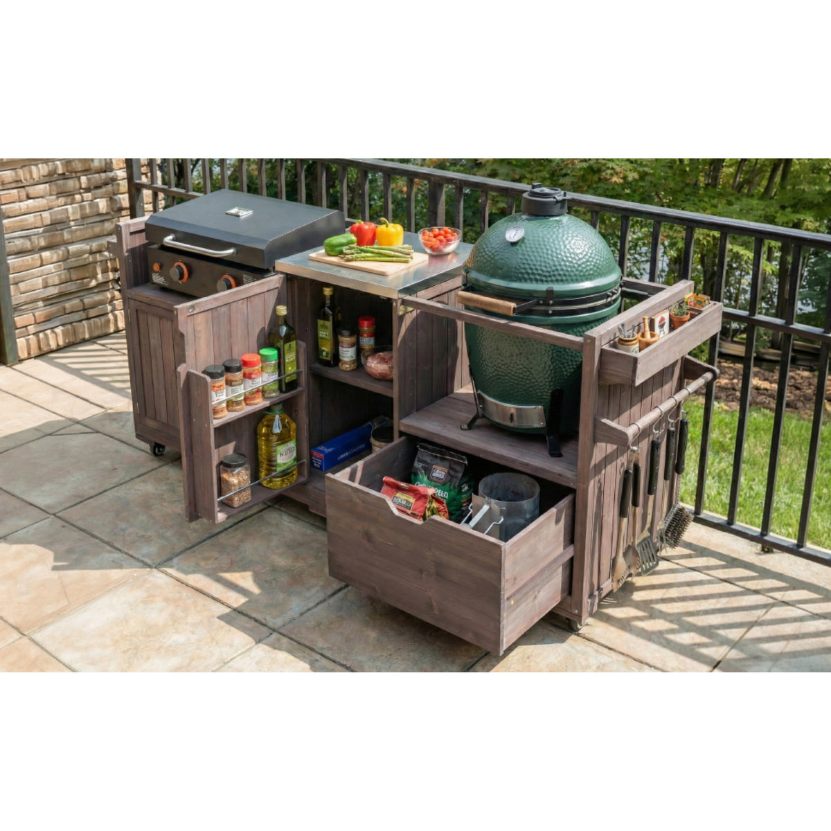 variant-group:rf-n707p392140z|Roomfitters 80.5" Extra Large Grill Cart, Outdoor Kitchen Prep Station with Stainless Steel Top & Kamado Grill Stand, Dark Brown