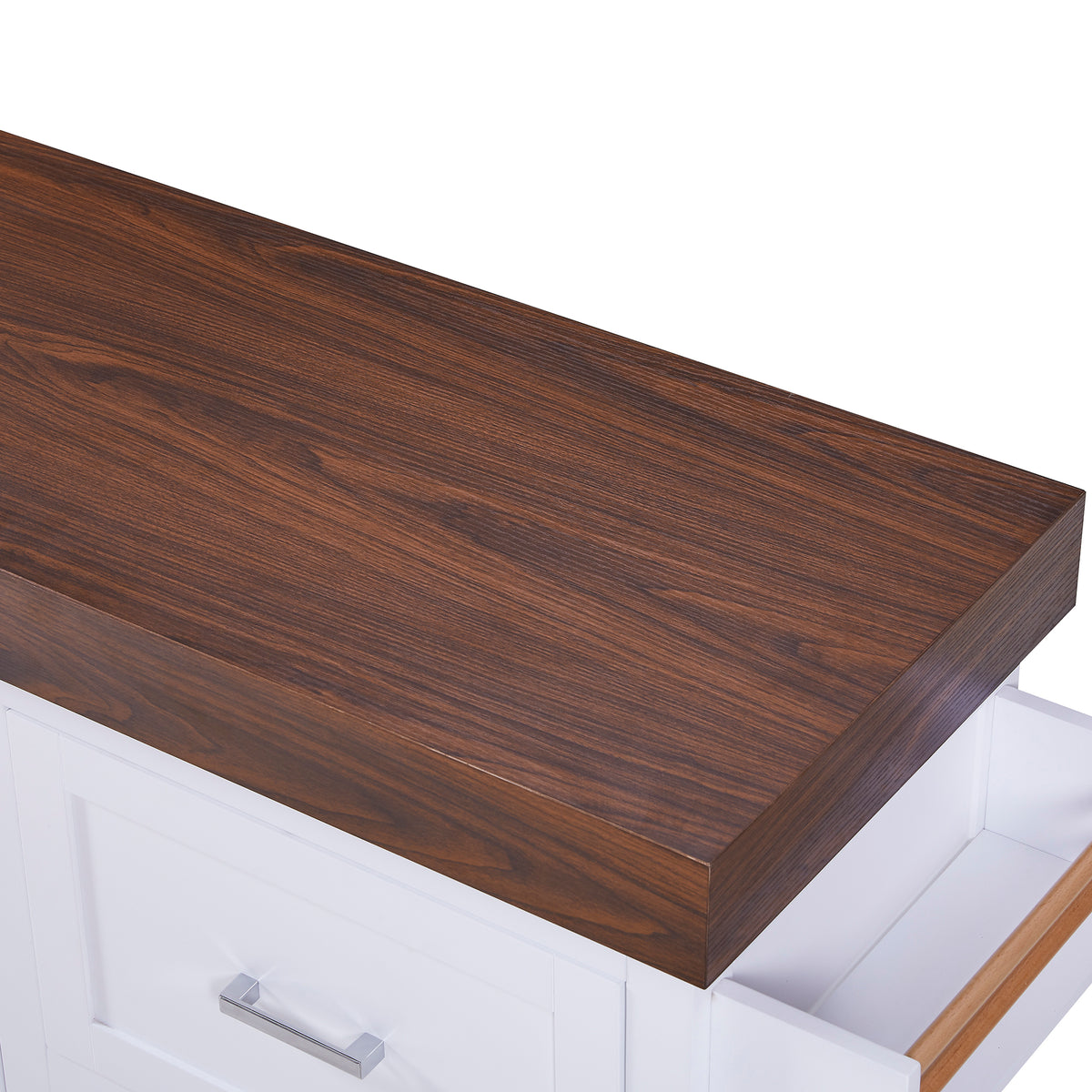 variant-group:rf-n707s000025w|Roomfitters 53" Kitchen Island with Butcher Block Top, Storage Cabinet with Drawers, Spice Rack and Towel Holder, White