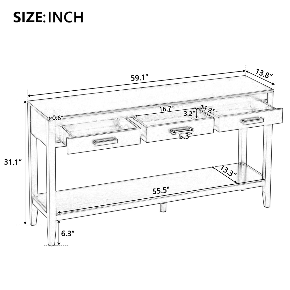 variant-group:rf-n711p410445v|Roomfitters 59.1" Farmhouse Entryway Table with 3 Drawers, Slim Console Sofa Table with Open Shelf for Hallway, Navy Blue