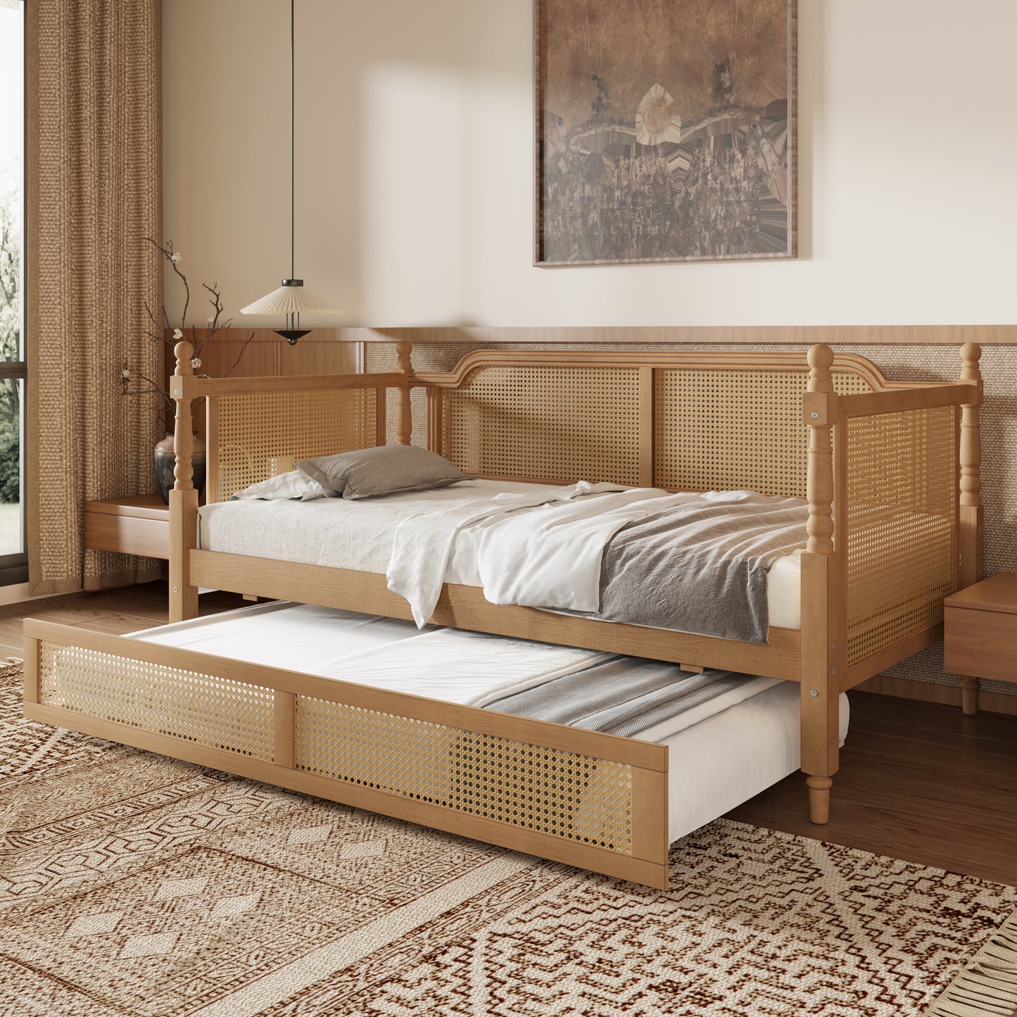 variant-group:rf-n701bs701p415494d|Roomfitters Full Size Traditional Rattan Daybed Frame with 2 Storage Drawers, French Country Wood Bed, No Box Spring, Walnut
