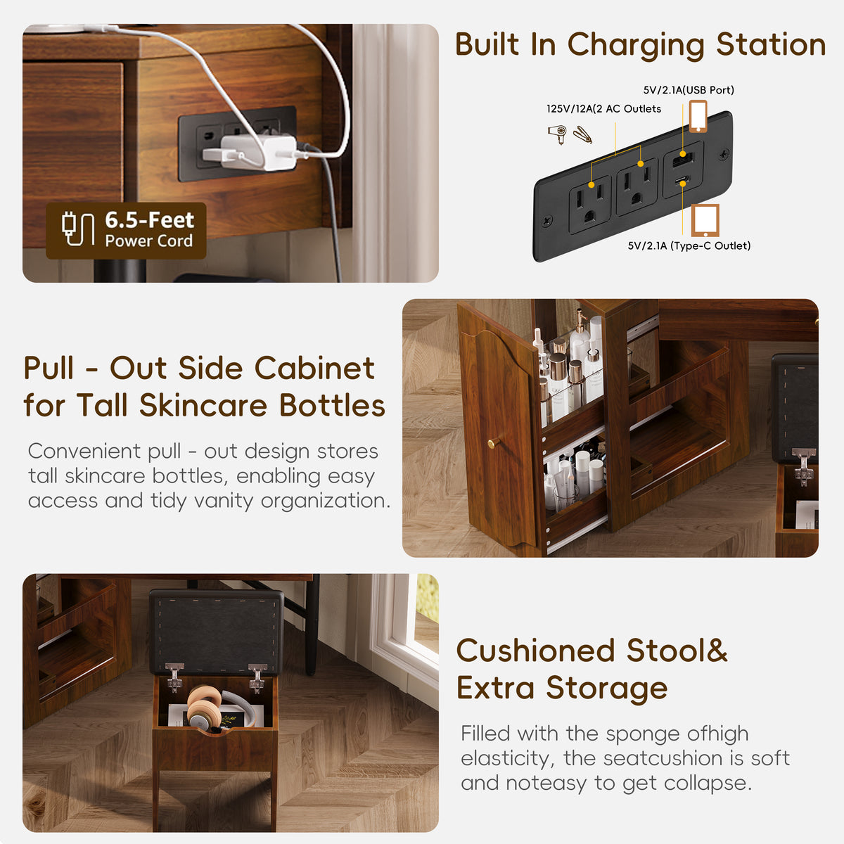 variant-group:rf-n733p336237d|Roomfitters Corner Vanity Desk Set with Stool, Charging Station, Glass Top, Drawer, Shelf, Pull-Out Cabinet, Walnut