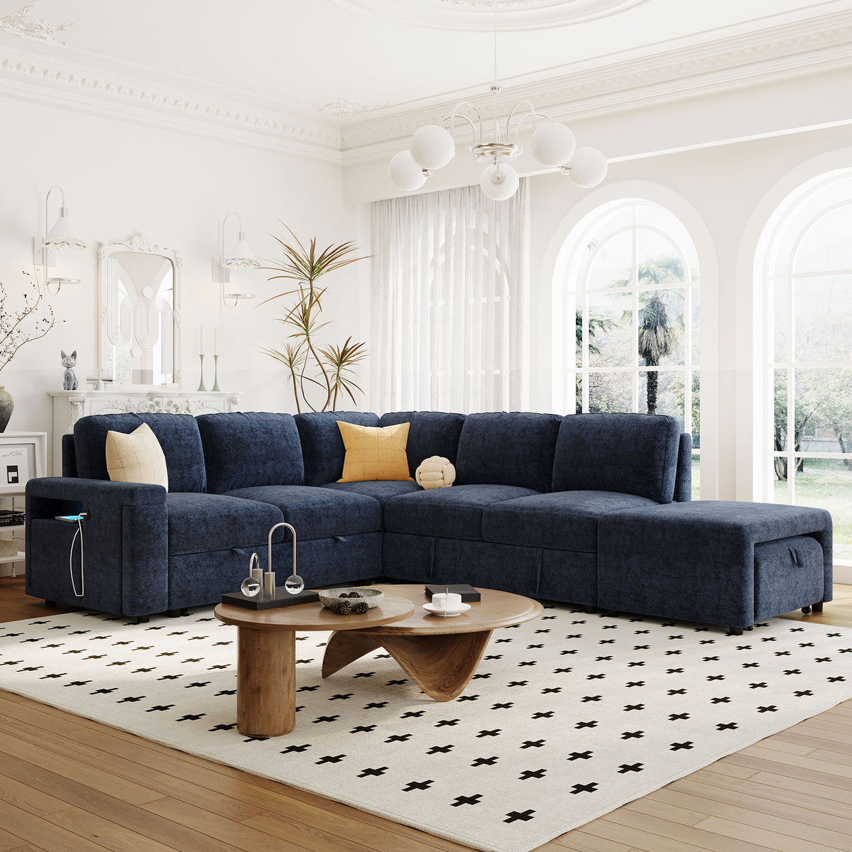variant-group:rf-n711wy000390aac|Roomfitters L-Shaped Padded Modular Sofa with Storage Space, USB Ports, and Cup Holders on the Armrests, Suitable for Living Rooms, Offices, and Apartments, Blue