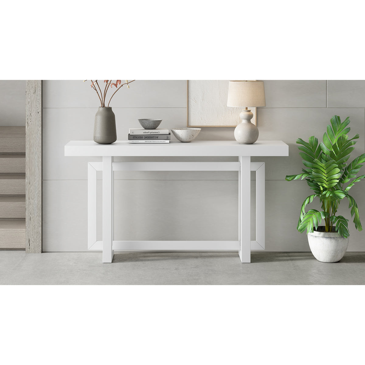 variant-group:rf-n711p410422k|Roomfitters Contemporary White Pine Veneer Extra Long Console Table with Unique Triple Rectangle Solid Wood Legs
