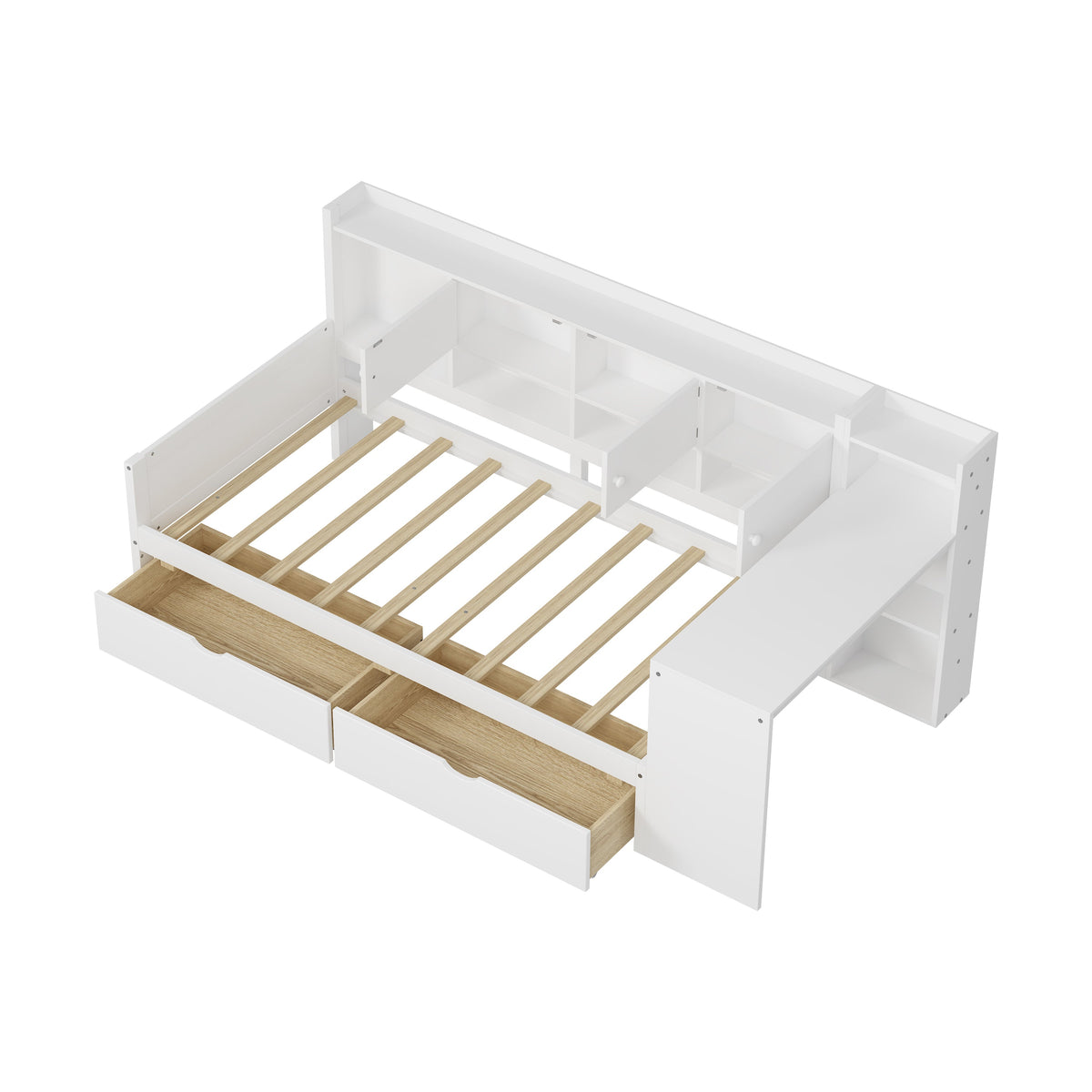 Roomfitters Wooden L-Shape Daybed with Storage Cabinets, Study Desk, Built-In Bookshelf, Space-Saving Platform Bed, White