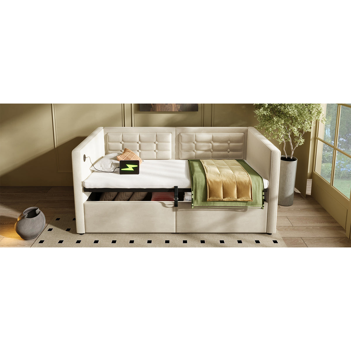 variant-group:rf-n736p303402b|Roomfitters Upholstered Twin Size Daybed with Storage, USB & Type-C Charging, Tufted Sofa Back, Velvet Beige