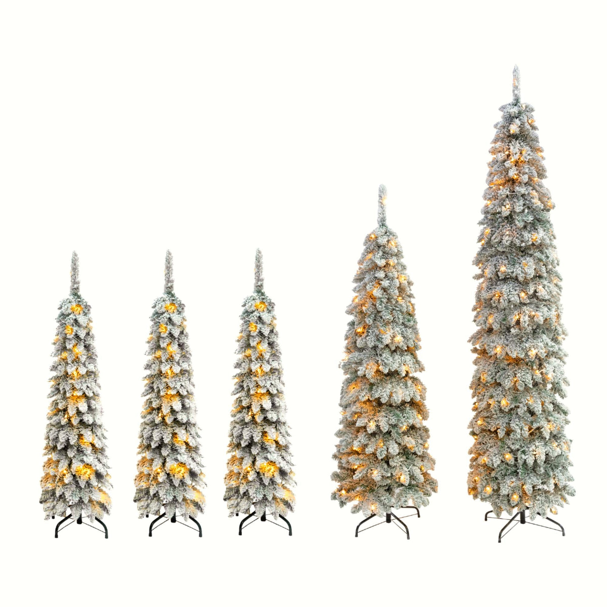 Roomfitters Pre-Lit Pencil Christmas Tree Set 8FT 6FT 4FT, 5-Pack Slim Snow-Flocked Artificial Trees with 1820 Tips, White Roomfitters