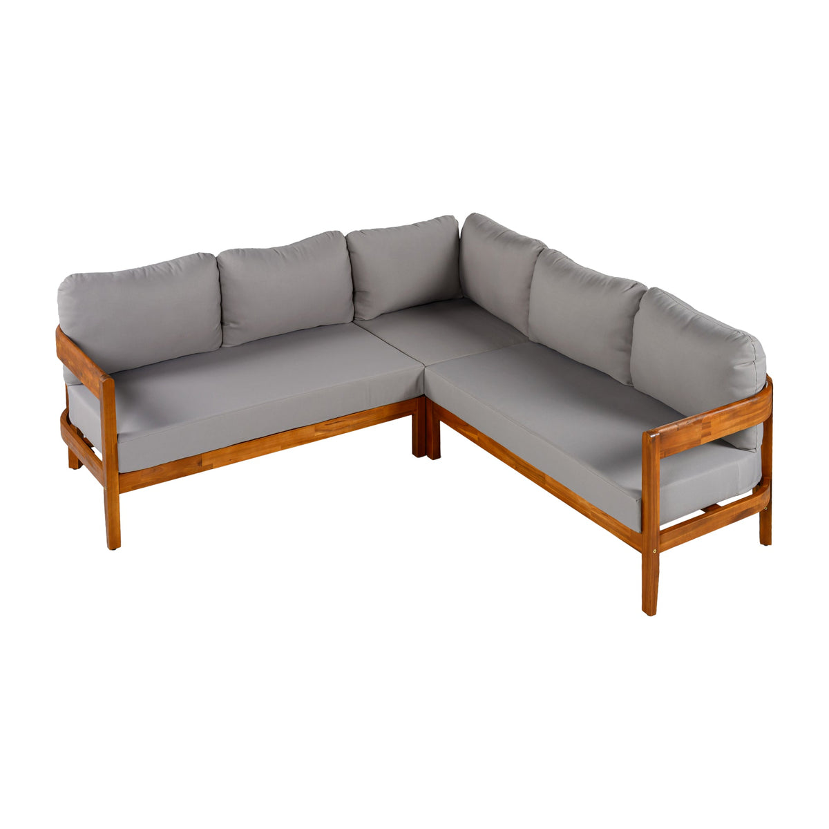 Roomfitters Modern Contemporary Slate Grey Solid Acacia Wood L-Shaped Outdoor Patio Sectional Sofa Conversation Seating Set Roomfitters