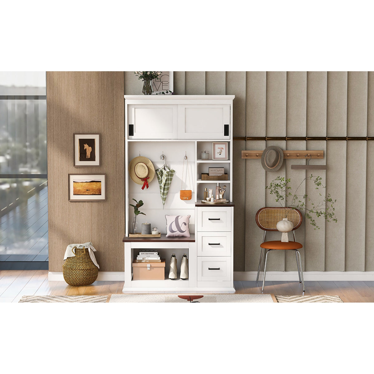 Roomfitters Modern Entryway Hall Tree with Storage Bench, 3 Drawers, White & Walnut Roomfitters