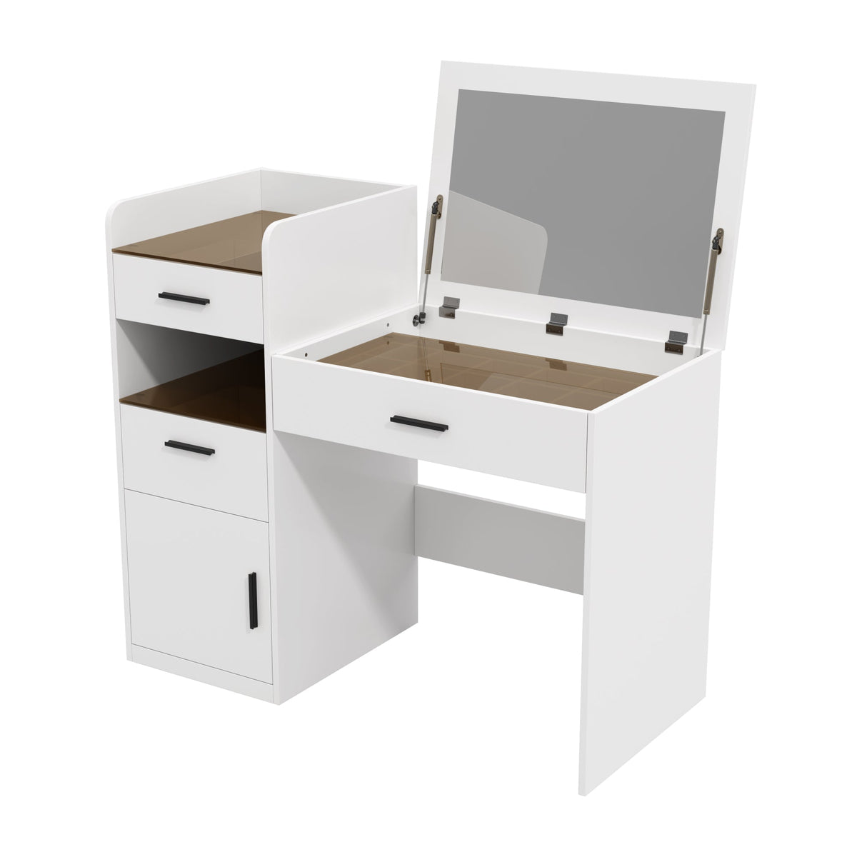 Roomfitters 3-in-1 Compact Space-Saving Vanity Desk with Flip Top Mirror and Amber Tempered Glass Top White Roomfitters
