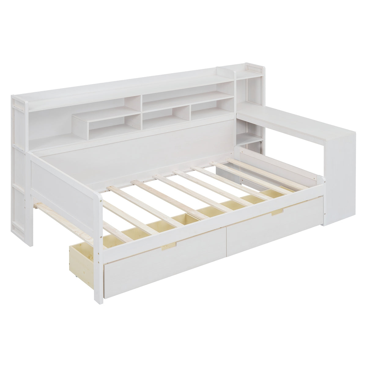 variant-group:rf-n733s241484k|Roomfitters Wooden Twin Size Daybed with Storage Shelves, Multi-functional Bed with Two Storage Compartments and Study Desk, Antique White