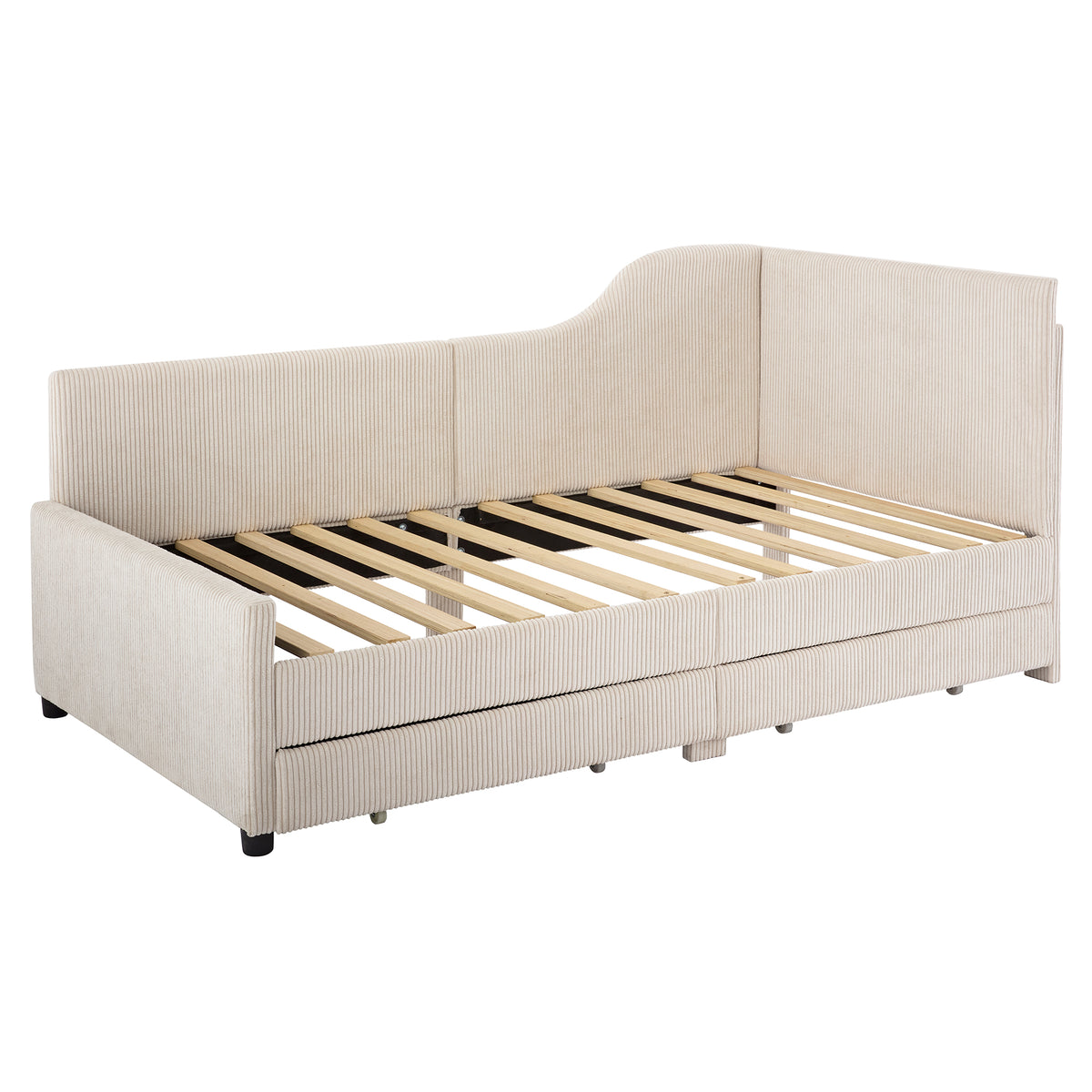 variant-group:rf-n733p171470a|Roomfitters Twin Size L-Shaped Corduroy Daybed, Upholstered Platform Bed Frame with 2 Convenient Storage Drawers for a Modern Touch, Beige