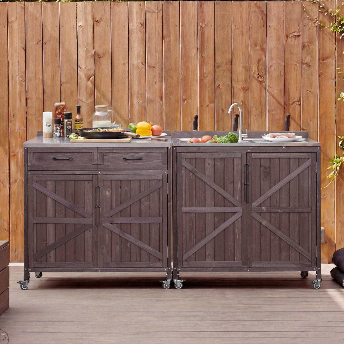variant-group:rf-n707p370281z|Roomfitters 39.4" Outdoor Grill Cart with Stainless Steel Top, Prep Station with Sink and Storage Cabinet, Dark Brown