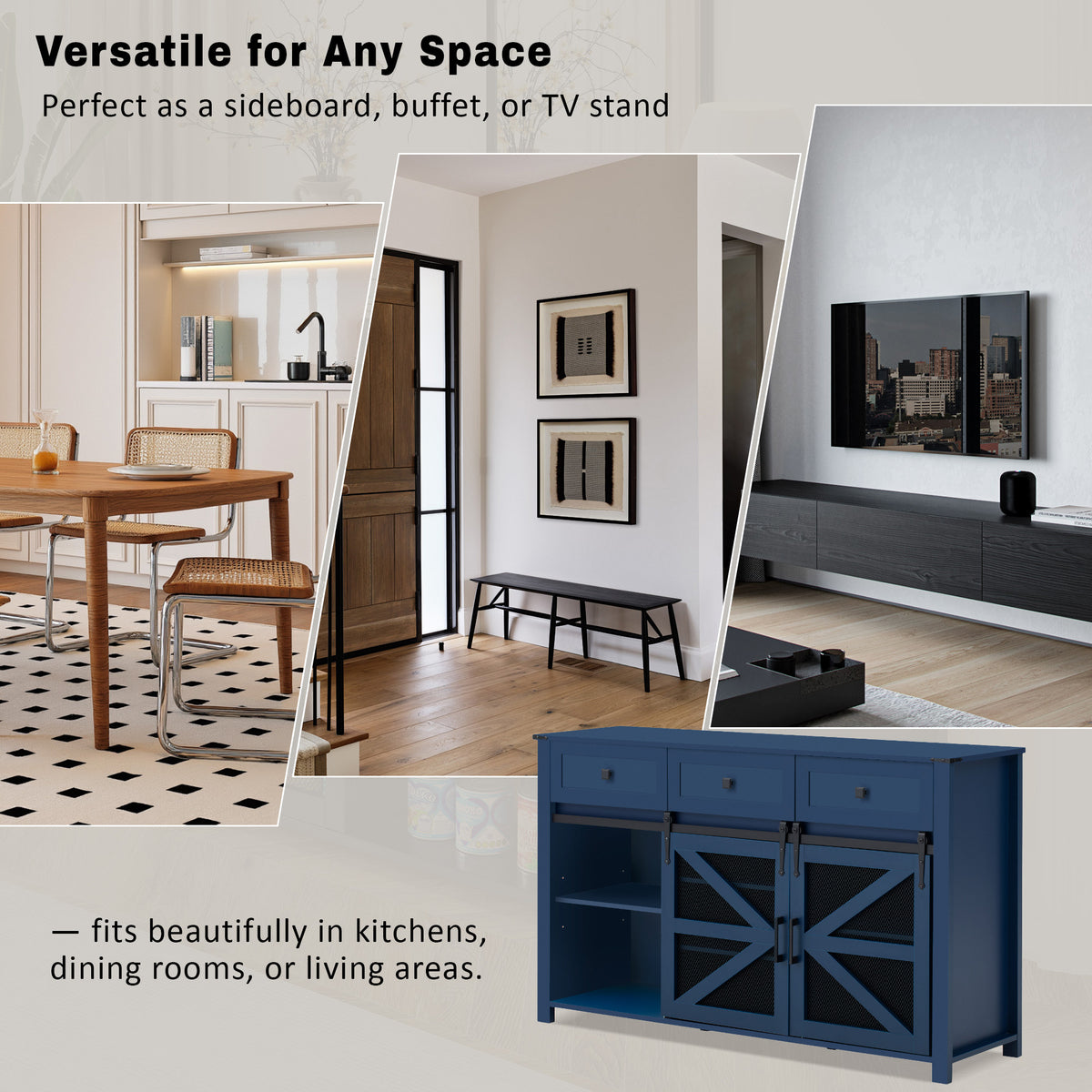 variant-group:rf-n711p347384v|Roomfitters 55" Sideboard Buffet Cabinet with 3 Drawers & Sliding Barn Doors, Farmhouse Storage for Kitchen & Dining, Navy Blue