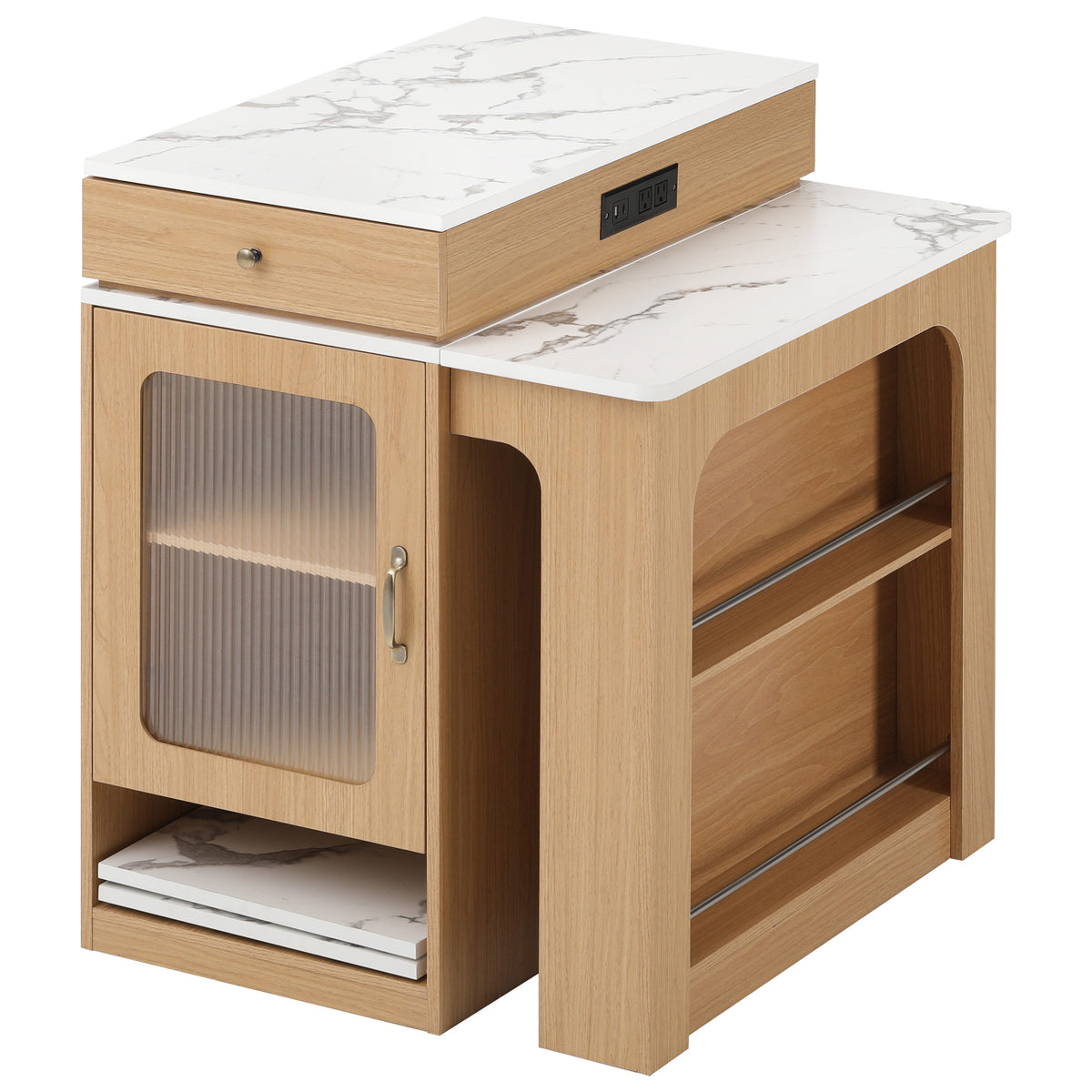 variant-group:rf-n707s000017y|Roomfitters 59.5" Kitchen Island with 41.8" Extendable Dining Table, Double-Sided Storage, Power Outlet, 2 Drawers, Natural