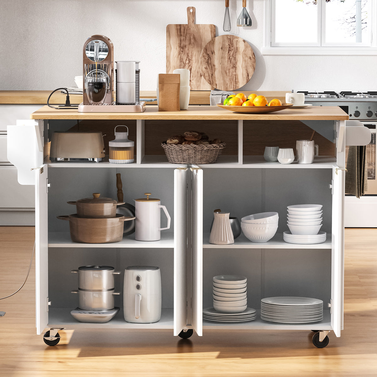 variant-group:rf-n707p353934w|Roomfitters 55.5" Fluted Kitchen Island with Double Drop Leaf, White Storage Cart with Power Outlet & Wood-grain Top