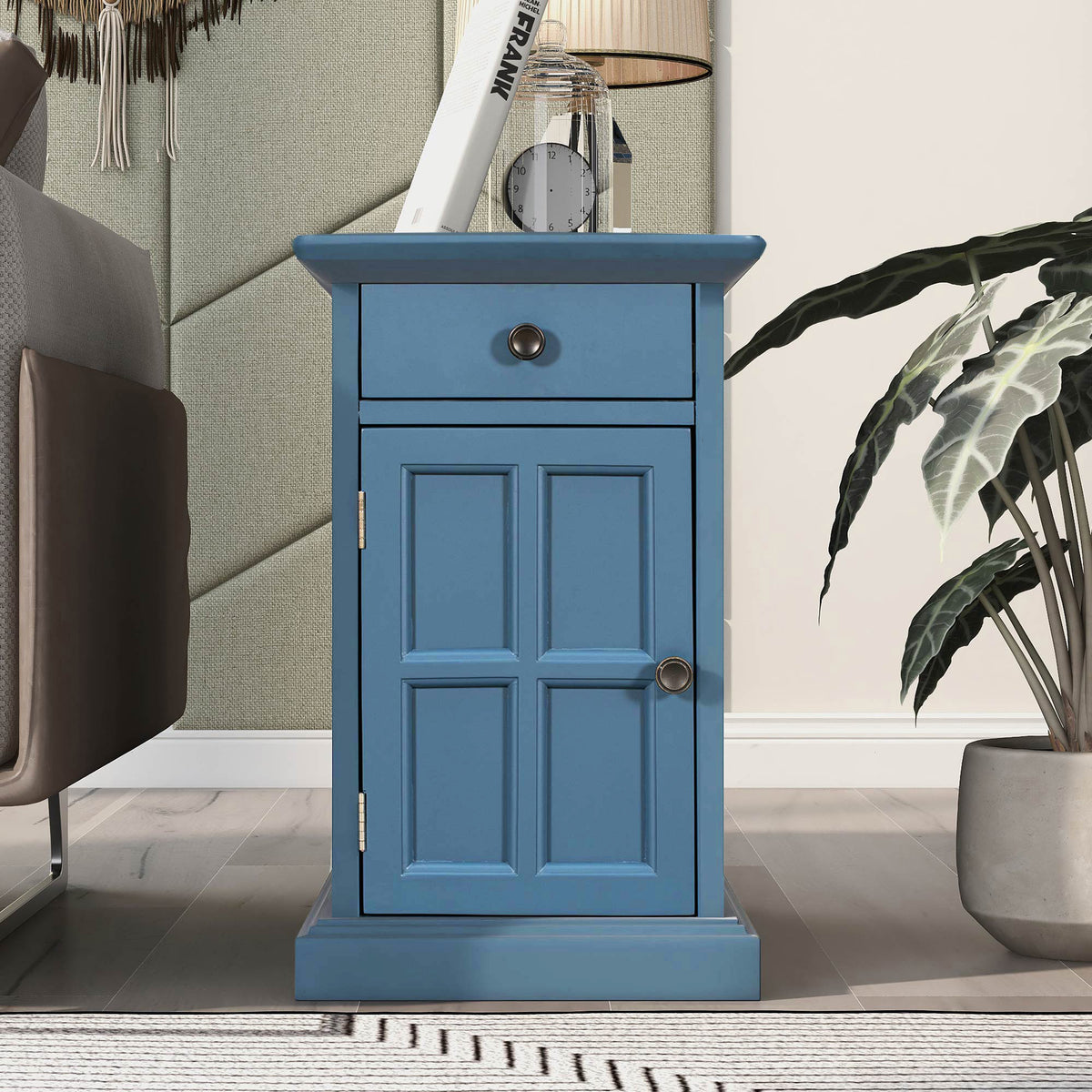 variant-group:rf-n724p185778m|Roomfitters Vintage End Table with USB Ports, Cup Holders and Multifunctional Storage for Living Room, Navy Blue