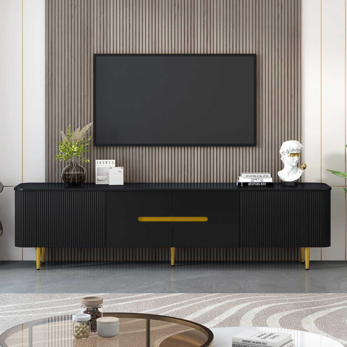 variant-group:rf-n724sj000143aab|Roomfitters Minimalist TV Stand for up to 85 Inch TV, Entertainment Center with Four Spacious Cabinets, Black