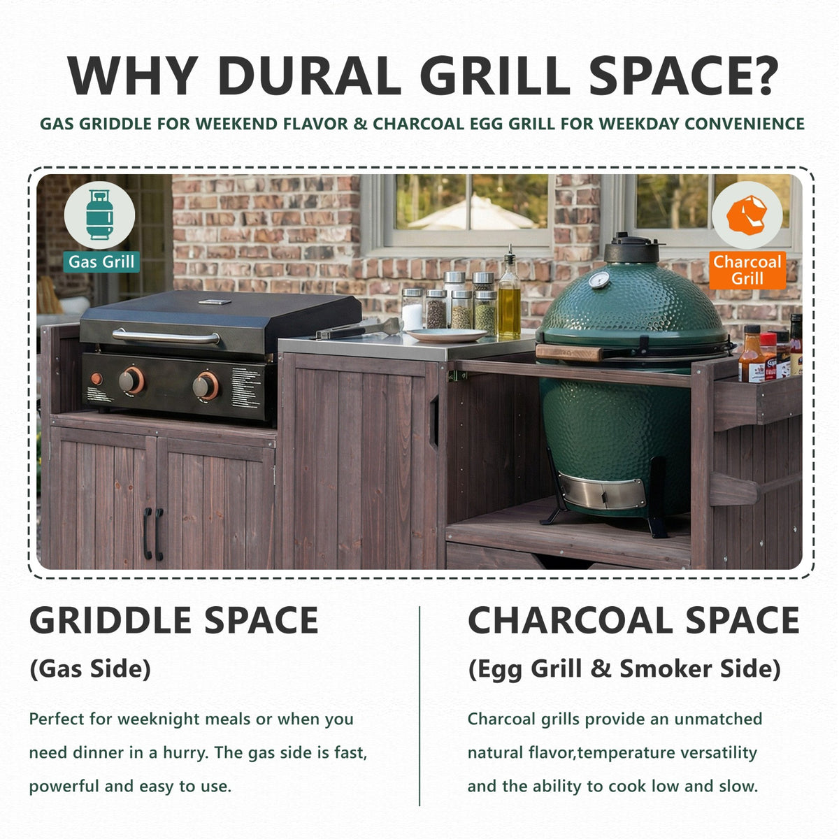variant-group:rf-n707p392140z|Roomfitters 80.5" Extra Large Grill Cart, Outdoor Kitchen Prep Station with Stainless Steel Top & Kamado Grill Stand, Dark Brown