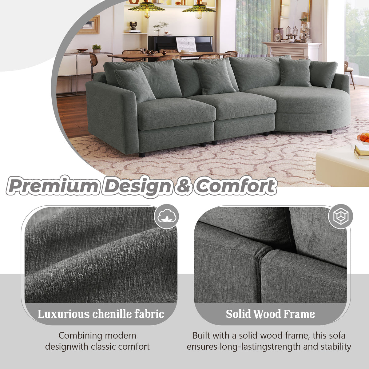 variant-group:rf-n711wy000461aae|Roomfitters 107" Chenille Fabric 3-Piece Sectional Sofa, Modern Large L-Shaped Couch with Rounded Curved Chaise, Grey