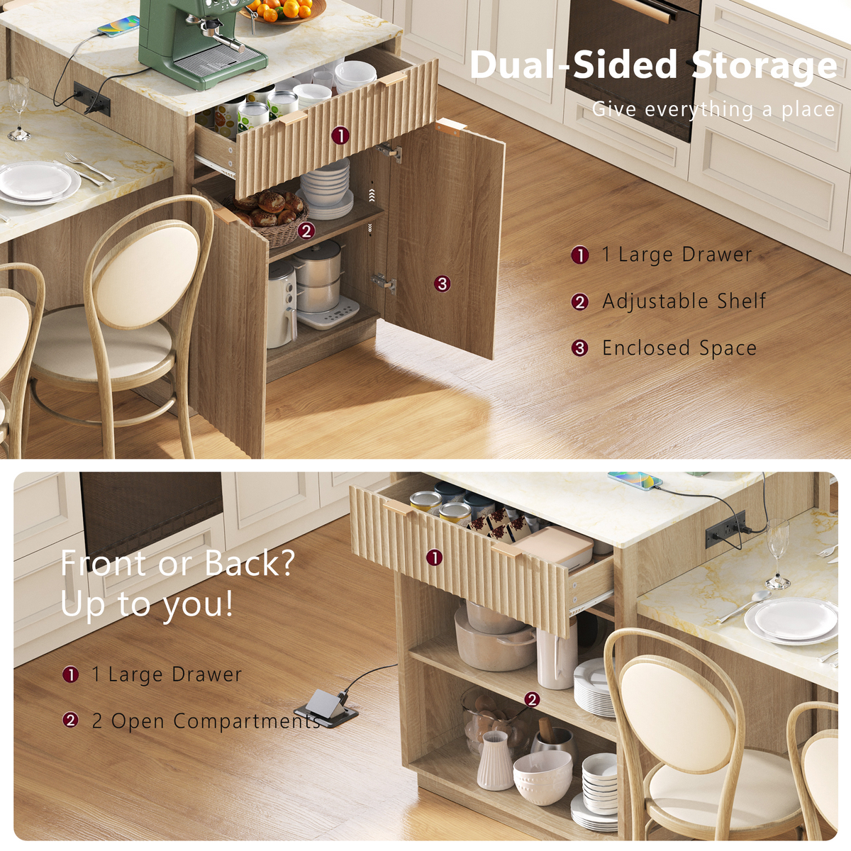 variant-group:rf-n707s000018y|Roomfitters 82.6" Fluted Kitchen Island with 51" Extendable Dining Table for 4-6, Power Outlet, Natural