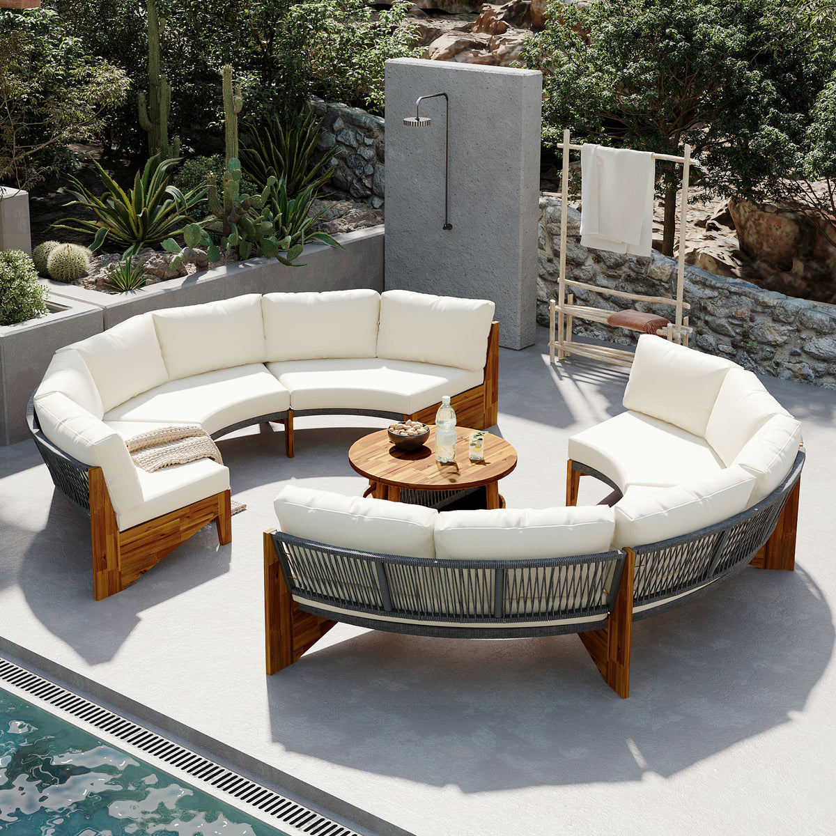 variant-group:rf-n711wy000468aaa|Roomfitters 3-Piece Outdoor Sofa Set for 6, Half-Moon Patio Conversation Set, Beige Cushions, Rope Woven Steel Sectional
