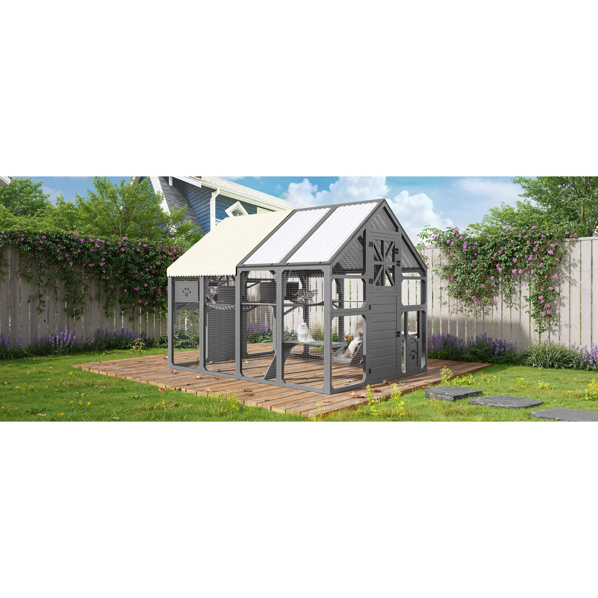 variant-group:rf-n704g201618e|Roomfitters Extra Large Outdoor Catio Cat Enclosure with Cooling PVC Roof and Insulated Boxes Gray