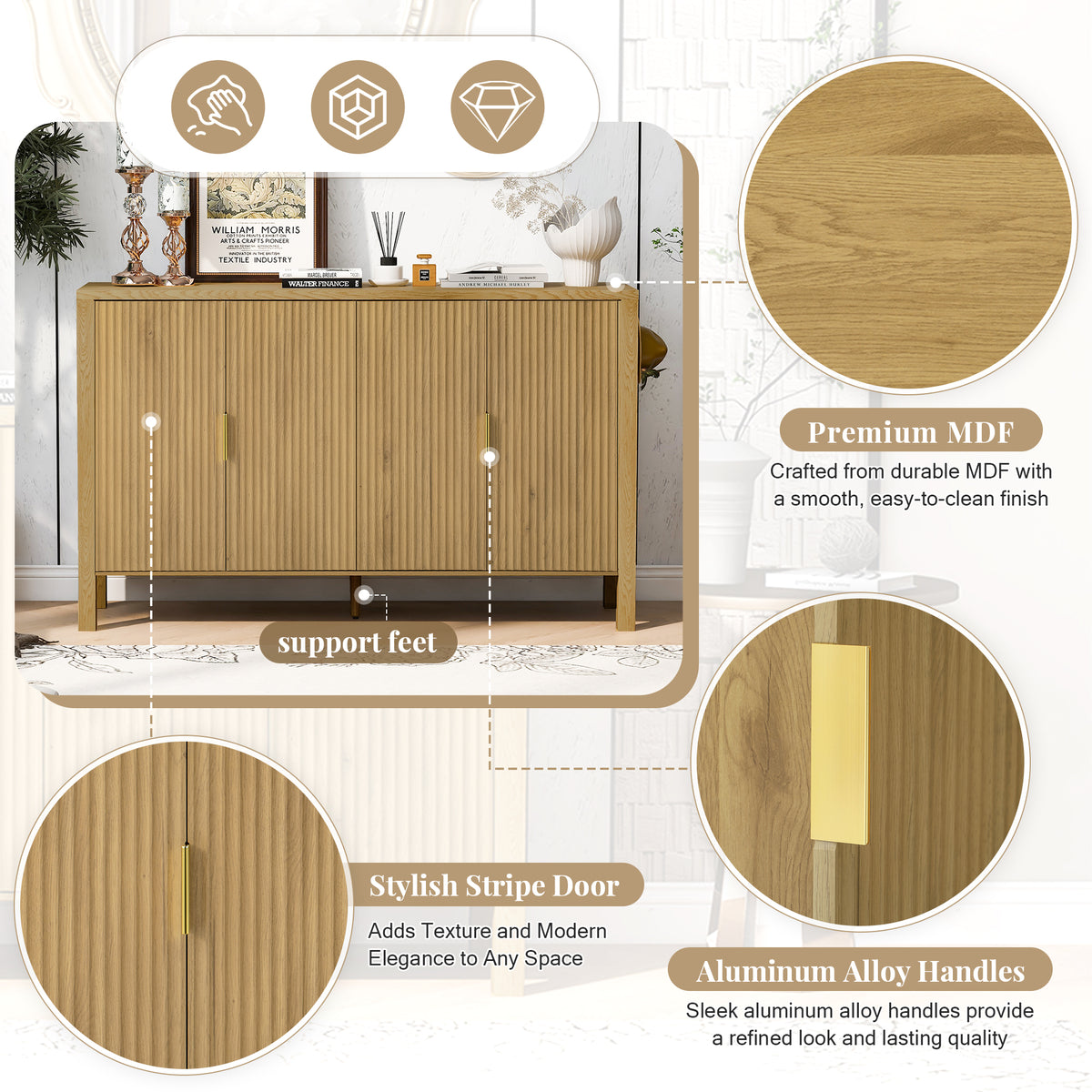 variant-group:rf-n711p345170o|Roomfitters 57.5" Sideboard Buffet Cabinet with 3 Door Mid-century Modern Fluted Storage for Kitchen & Dining Room, Natural