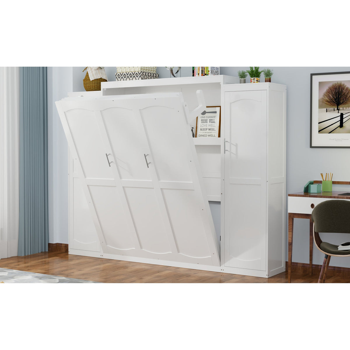 Roomfitters Queen Murphy Bed with Storage Cabinets and Shelf, Foldable Wall Bed Platform for Guest Room and Bedroom, White Roomfitters