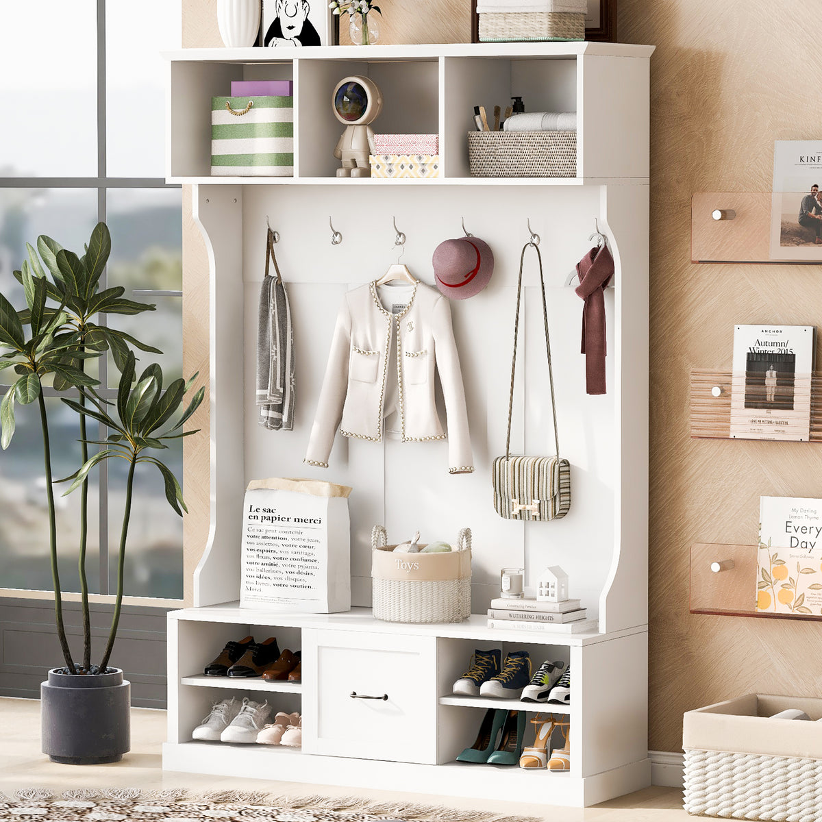 variant-group:rf-n724p264673k|Roomfitters 3-in-1 Hall Tree with 6 Hooks, Coat Rack and Entryway Bench, 57" Organizer with Drawer for Hallway or Living Room, White