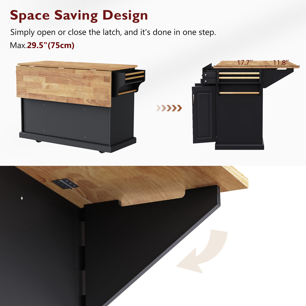 variant-group:rf-n707s195395b|Roomfitters 54" Kitchen Island with Wood Top, Rolling Storage Cabinet with 3 Drawers and 3 Doors, Spice Rack, Black