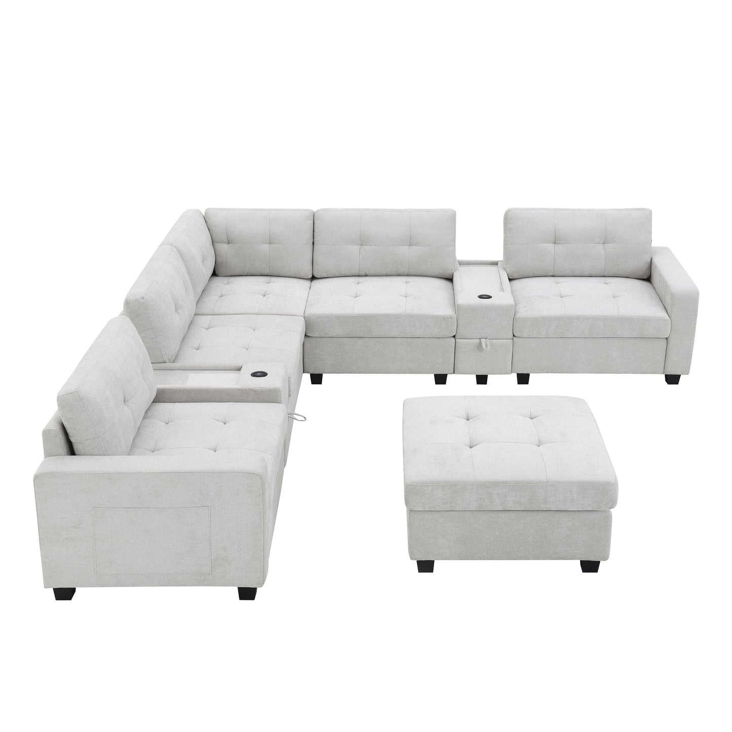 variant-group:rf-n723s1191k|Roomfitters 104 Inch Modular Sectional Sofa with Console and Cup Holders, Upholstered L-Shape Couch for Home Decor, Light Gray