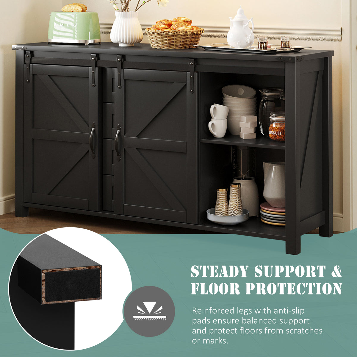 variant-group:rf-n711p347377b|Roomfitters 55.1" Storage Cabinet with 4 Drawers and Sliding Barn Doors, Farmhouse Sideboard Buffet for Kitchen & Dining, Black