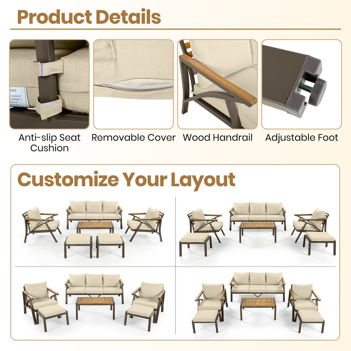 variant-group:rf-n704g201256a|Roomfitters 6-Piece Steel Conversation Set with 3-Seat Sofa Multi-Functional Ottomans and Acacia Wood Table Beige