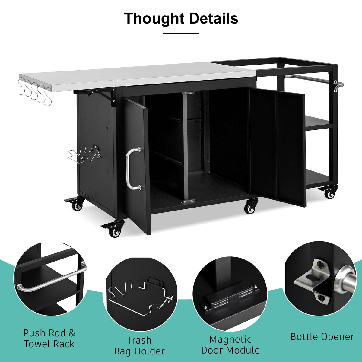 Roomfitters 76.6" Grill Cart with Stainless Steel Top and Kamado Nest, Folding Drop Leaf Prep Station, Mobile Cabinet, Black