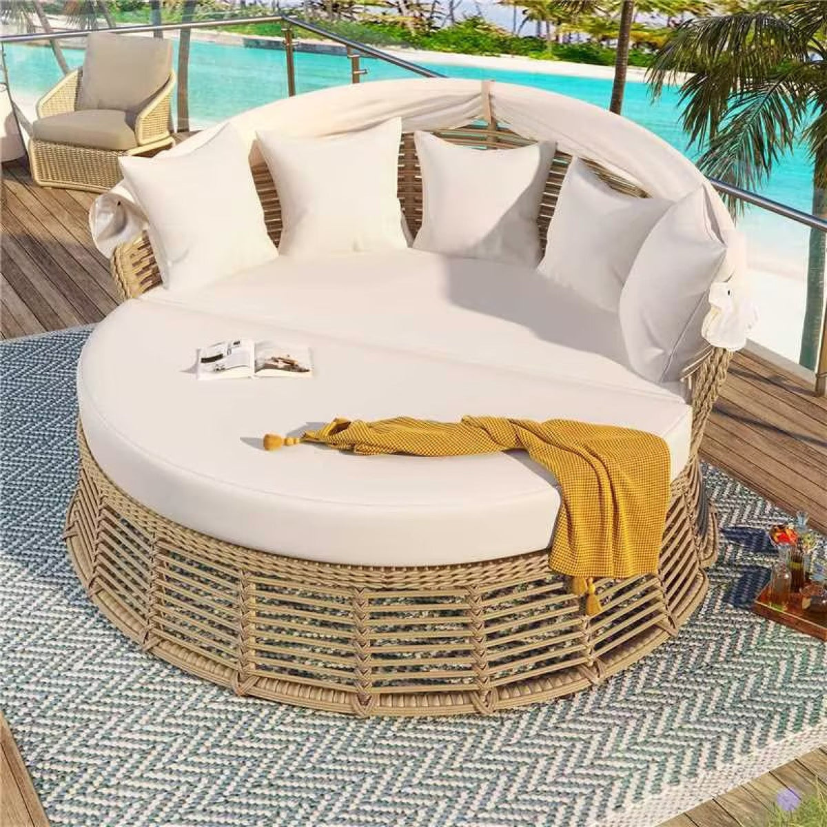 Roomfitters Outdoor Patio Rattan Round Daybed with Retractable Canopy and Removable Wicker Sectional Cushions Roomfitters