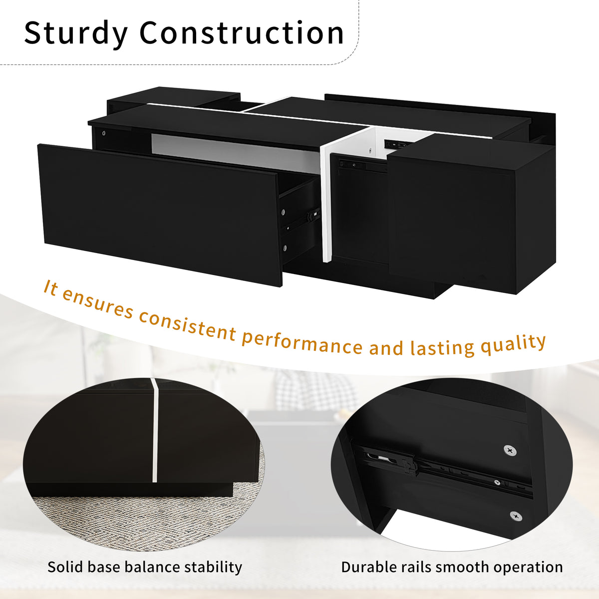 variant-group:rf-n724p292070b|Roomfitters Glossy Extendable Coffee Table with 2 Drawers and Hidden Storage Compartments, Multi-Functional Design, Black