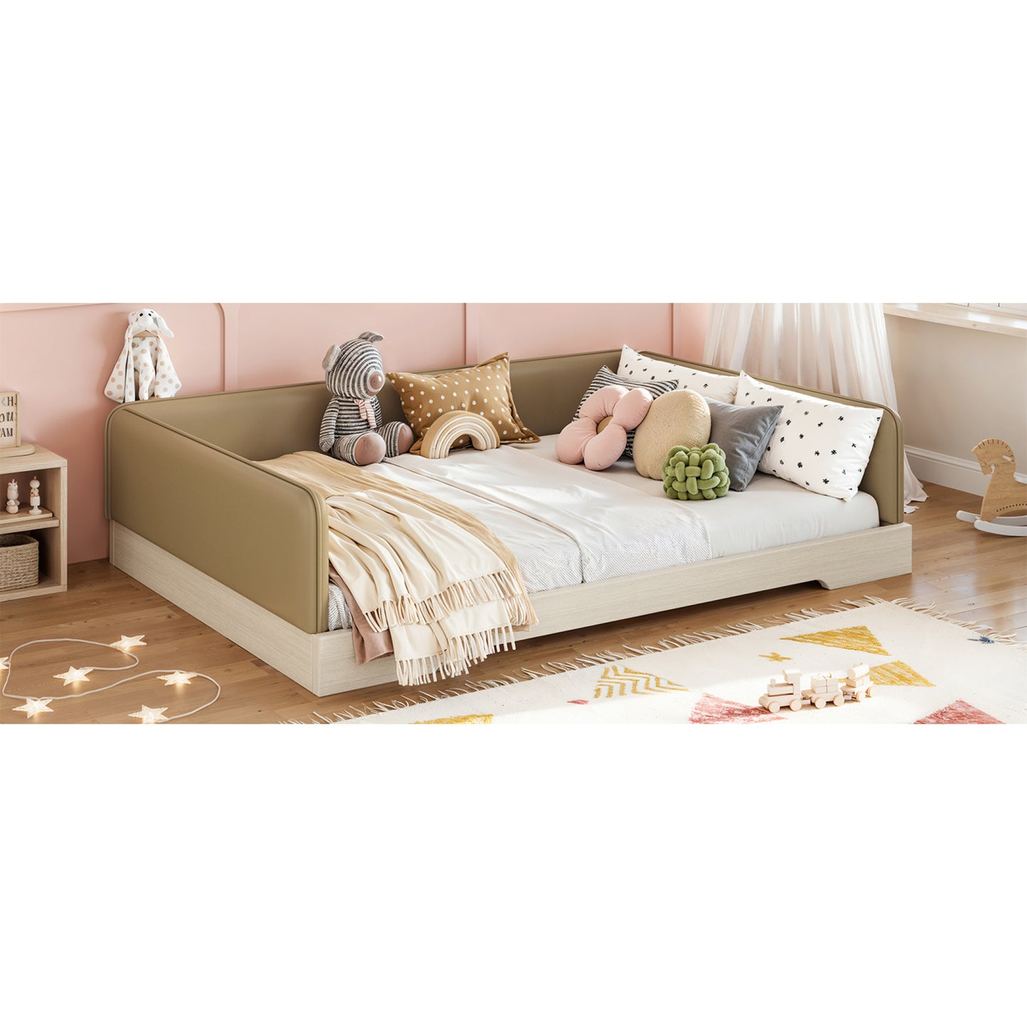 variant-group:rf-w1580s00670|Roomfitters Full Size Upholstered Floor Bed Frame with Removable Guardrails, Faux Leather Low Profile Platform, Brown