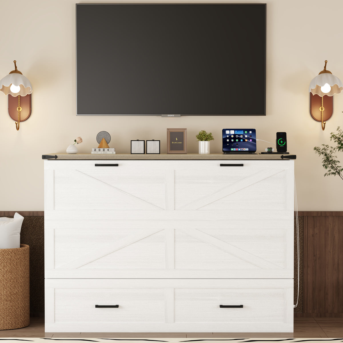 variant-group:rf-n733s237837w|Roomfitters Queen Size Farmhouse Murphy Cabinet Bed with Charging Station, Foldable Platform Bed with Large Storage for Guest Room, Small Bedroom, White